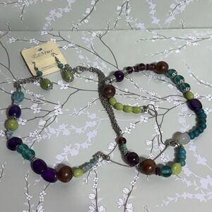 Esmar Necklace & Earrings Pierced Silver Tone Beads Stones Purple Green BOHO 42"